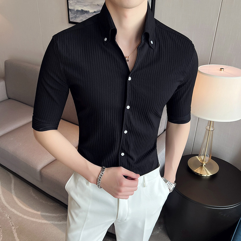 雅痞青年个性V领衬衫中袖男帅气修身休闲立领痞帅衬衣C06-P68，男装衬衫，电商C308