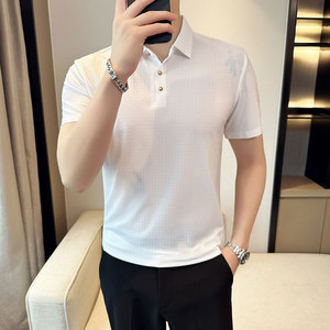 夏季 冰丝高弹翻领无痕T恤男士纯色修身短袖POLO衫白色PL3-P58图片