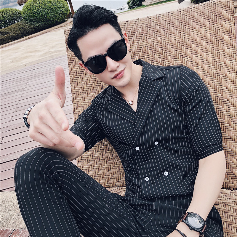 19夏季新款英伦条纹中袖双排扣西装+条纹九分裤套装男TZ47-P135，男装T恤，电商C308