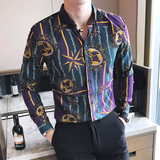 春夏新款复古潮流印花男士长袖衬衫休闲潮男长袖花衬衫C1-P55，男装衬衫，电商C308