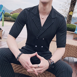 19夏季新款英伦条纹中袖双排扣西装+条纹九分裤套装男TZ47-P135，男装T恤，电商C308