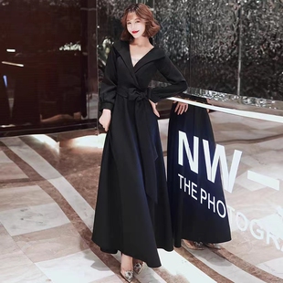 黑色晚礼服女2023冬季年会宴会高级感气质长袖连衣裙平时可穿显瘦