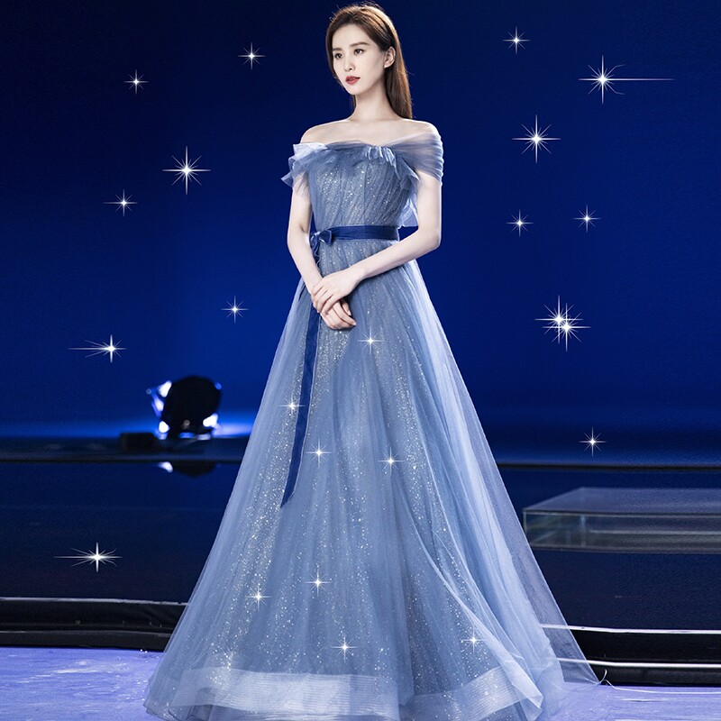 蓝色晚礼服2021新款公司年会宴会主持人气质长裙演出艺考独唱服女