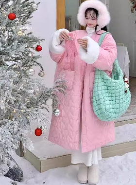 韩系温柔风长款棉服女冬季设计感爱心纹新款棉衣宽松显瘦保暖外套