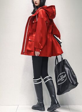 2024秋装新款韩版红色风衣女中长款收腰显瘦连帽时尚休闲百搭外套