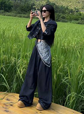 复古港风牛仔套装女2025秋季新款时髦减龄休闲外套阔脚裤两件套潮