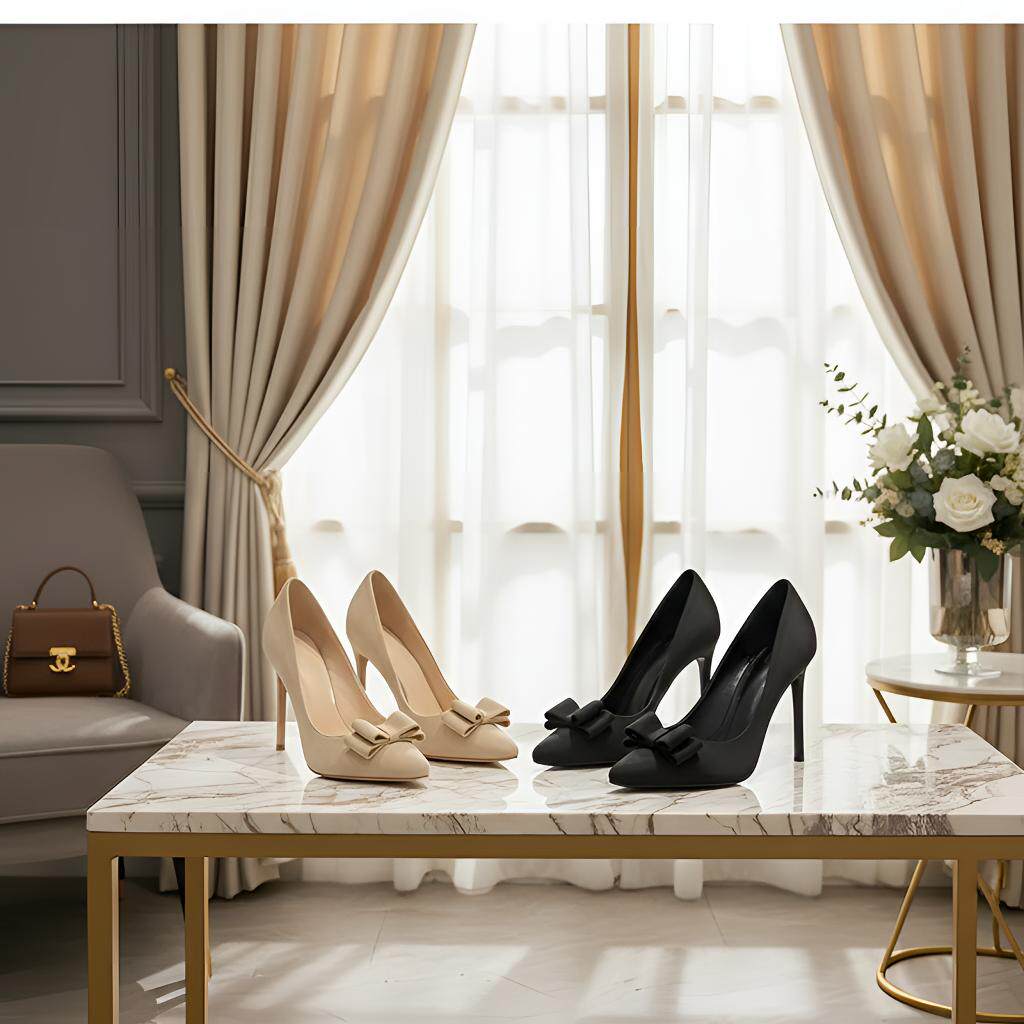 2026年春秋日常百搭绝美小高跟鞋女细跟单鞋裸色小圆头蝴蝶结