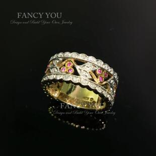 FANCYYOU-缪斯花园宫廷蕾丝手工镂空雕花戒指粉色蓝宝石钻石定制