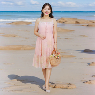唯美梦幻画报风大码 微胖MM淑女蕾丝边渐变吊带连衣裙 女装 2025夏季