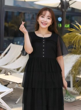 高端大码女装2026夏季新款胖mm黑色显瘦薄网纱中长蛋糕连衣裙洋气