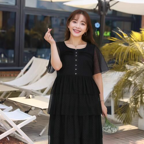 高端大码女装2026夏季新款胖mm黑色显瘦薄网纱中长蛋糕连衣裙洋气