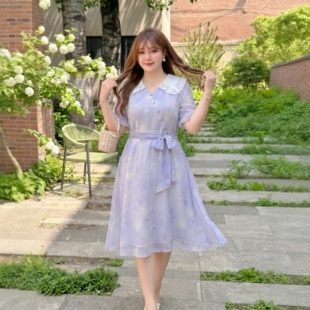 大码女装2026夏季新款微胖MM中长款梦幻紫碎钻渐变印花飘逸连衣裙