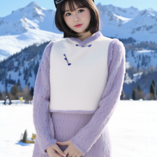 套装 绒毛蕾丝旗袍连衣裙两件套时尚 女冬胖mm新中式 复古轻国风大码