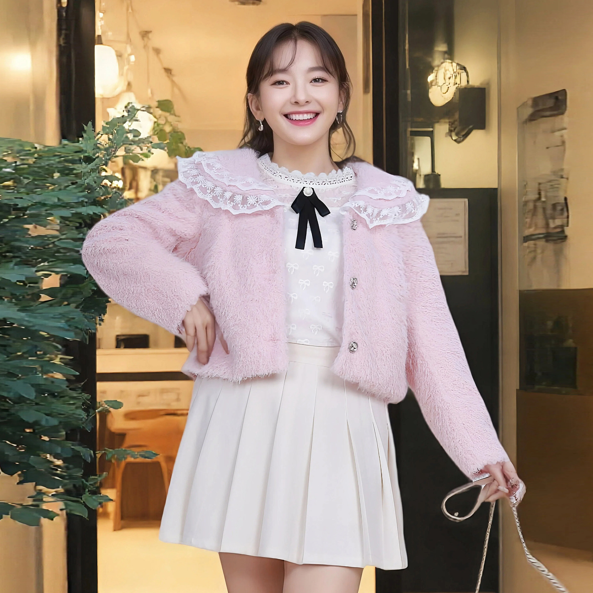 环保皮草大码女装2025冬胖MM减龄果冻粉花边翻领短款毛绒外套保暖,女装/女士精品,常规大码外套,淘宝优惠券,粉丝福利购,淘宝优惠卷