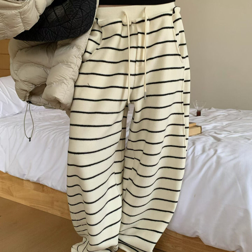 2025冬季新款条纹休闲裤女宽松松紧腰抽绳显瘦百搭慵懒风加绒长裤,女装/女士精品,休闲裤,淘宝优惠券,粉丝福利购,淘宝优惠卷