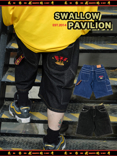 街头复古牛仔短裤 美式 jorts风宽松五分裤 燕子亭洗水蓝过膝中裤