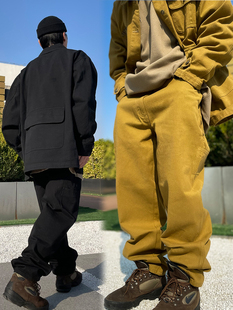 燕子亭刺绣斜纹美式休闲街头工装裤宽松直筒重磅hiphop肥大长裤男