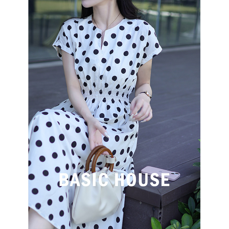 Basic House/百家好莱赛尔波点印花连衣裙夏高级感气质中长款长裙