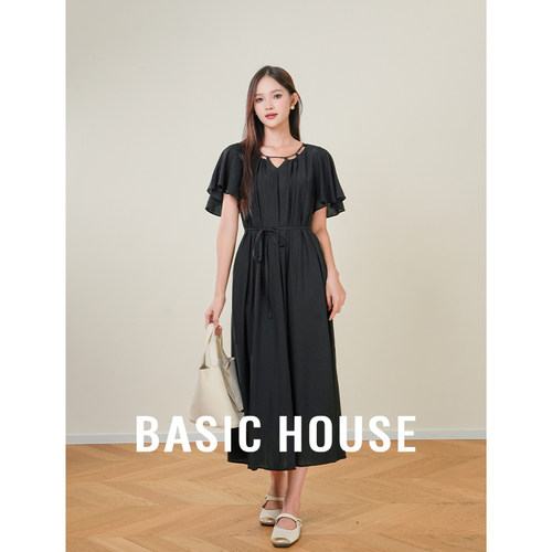 Basic House/百家好 法式收腰手工串珠连衣裙女夏海边度假小黑裙