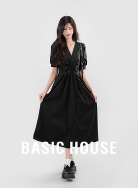 Basic House/百家好赫本风黑色连衣裙女夏季高级感巨好看掐腰长裙