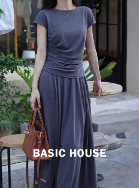 Basic House/百家好灰色T恤a字半身裙子夏日绝美穿搭两件套装女装