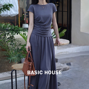 Basic House/百家好灰色T恤a字半身裙子夏日绝美穿搭两件套装女装