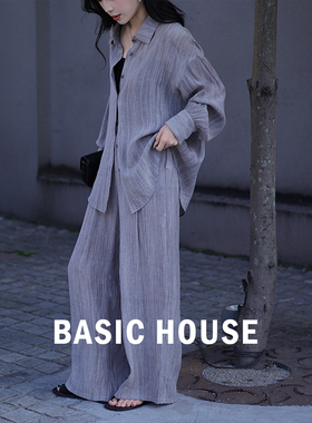 Basic House/百家好 夏日穿搭防晒休闲衬衫阔腿裤两件套装女夏