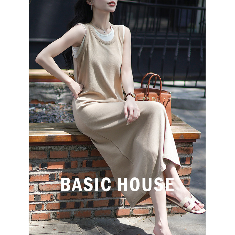 Basic House/百家好 莱赛尔圆领拼接背心连衣裙女夏季无袖长裙子
