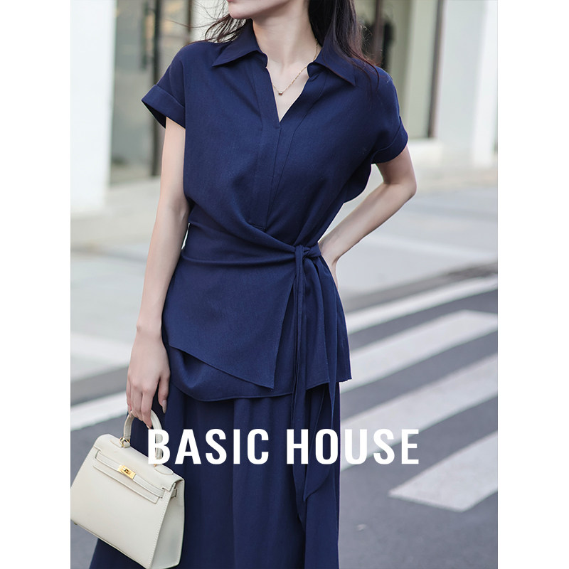Basic House/百家好polo领衬衫不规则绑带半身裙高级感两件套装女