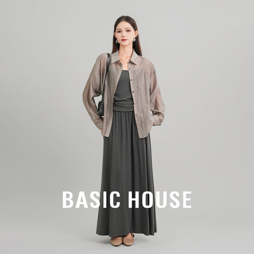 Basic House/百家好天丝防晒衬衫套装女夏季韩系半身裙气质两件套