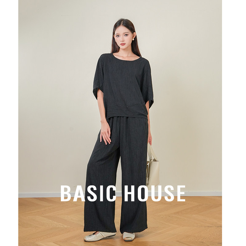 Basic House/百家好 黑色蝙蝠袖上衣两件套装女慵懒休闲通勤套装