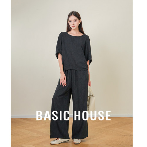 Basic House/百家好 黑色蝙蝠袖上衣两件套装女慵懒休闲通勤套装