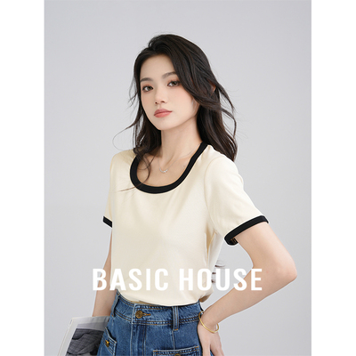 Basic House/百家好 拼色短袖T恤女夏季修身显瘦正肩百搭圆领上衣