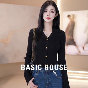 Basic House/百家好黑色长袖针织打底衫2026新款修身短款内搭上衣