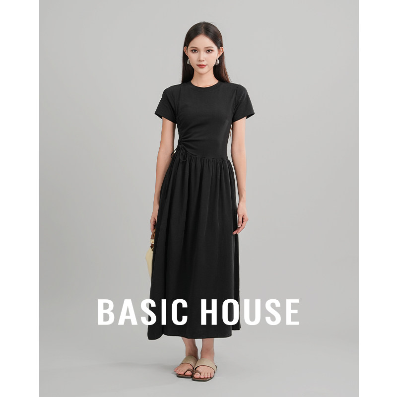 Basic House/百家好 赫本风黑色连衣裙女夏绝美巨好看的掐腰裙子