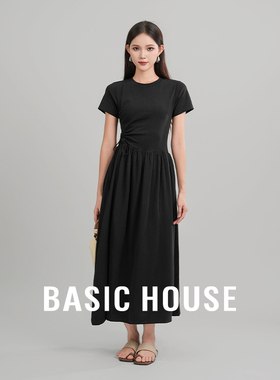 Basic House/百家好 赫本风黑色连衣裙女夏绝美巨好看的掐腰裙子