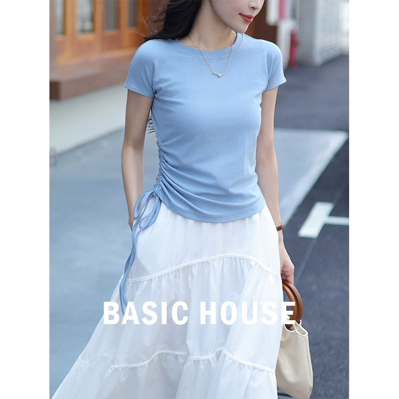 Basic House/百家好 抽褶设计感短袖T恤女正肩纯色显白褶皱感上衣
