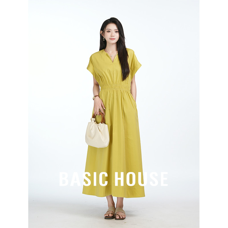 Basic House/百家好100棉黄色连衣裙女夏季V领小飞袖收腰显瘦裙子