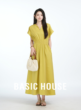 Basic House/百家好100棉黄色连衣裙女夏季V领小飞袖收腰显瘦裙子