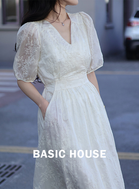 Basic House/百家好莱赛尔刺绣连衣裙子夏季法式泡泡袖温柔风长裙