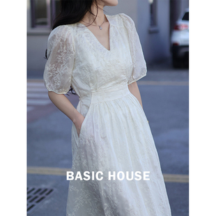 Basic House/百家好莱赛尔刺绣连衣裙子夏季法式泡泡袖温柔风长裙