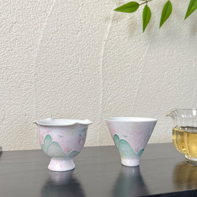 白瓷手绘远山斗笠杯陶瓷家用功夫茶具主人杯品茗对杯礼装