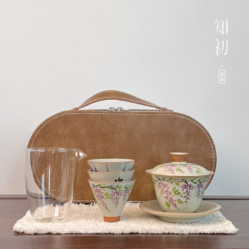 手绘紫藤花陶瓷盖碗三杯茶具
