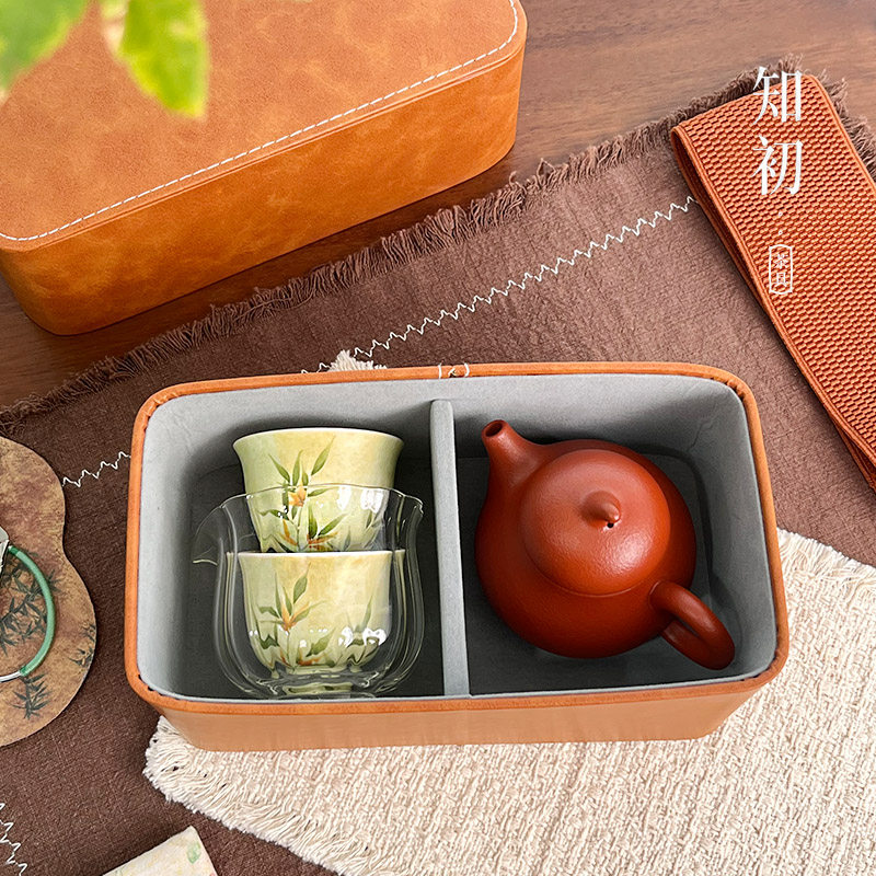 紫砂旅行茶具小号茶壶竹子茶杯便捷式户外功夫茶具套装一壶二杯