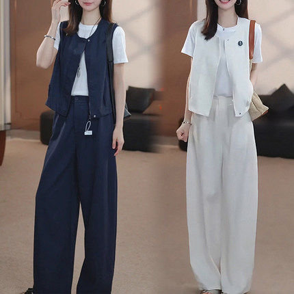 时尚休闲慵懒风时尚套装女夏季宽松显瘦马甲短袖T恤阔腿裤三件套