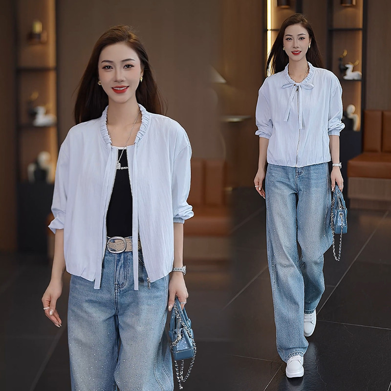 休闲风立领短外套女春秋季新款抽绳系带宽松显瘦百搭拉链夹克上衣