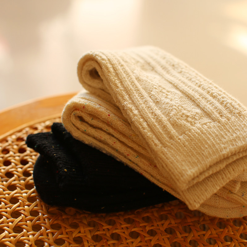 日系复古可爱糖果原色针织麻花纹 彩色点点缀冬季纯棉中筒袜子女