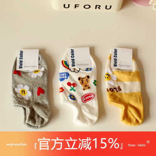 春夏季新品卡通樱桃小熊隐形袜子女可爱花朵防滑不掉跟纯棉船袜