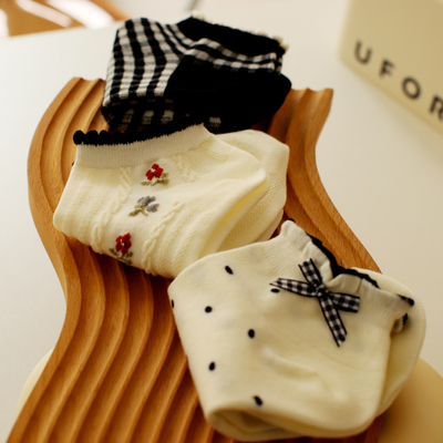 夏季薄款小清新淑女小皮鞋短筒袜子少女学院风小花格子可爱纯棉袜