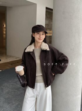 韩系复古羊羔毛领短款派克服女冬季宽松内胆加厚加绒棉服外套上衣